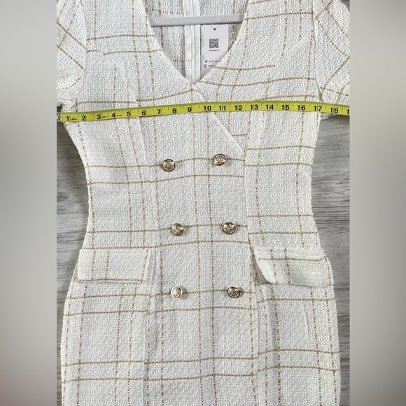 New  White Gold Tweed Dress Long Sleeve Ornamental Buttons Back Zip S - Picture 10 of 14